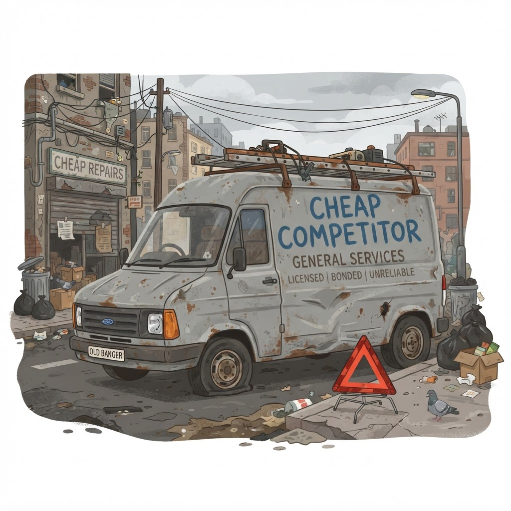 A dirty, dented competitor van with a poor 3.2-star rating