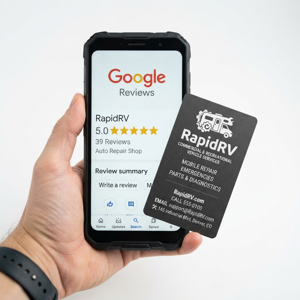 A rugged smartphone showing a 5-star Google review beside a RapidRV tap-to-review card