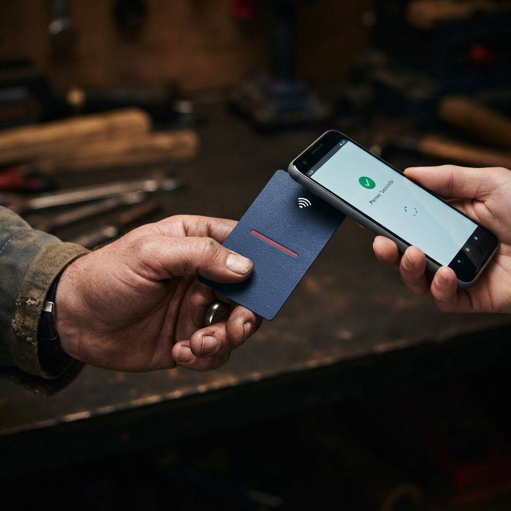 A smartphone tapping a rugged navy RapidRV NFC review card held in a tradesperson's hand