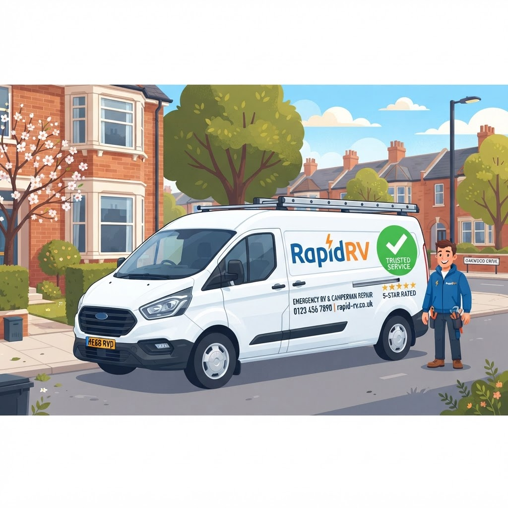 A clean, professionally branded RapidRV trade van with a 5-star rating